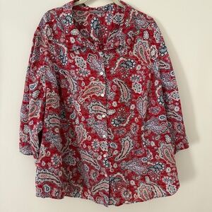 Catherines Red Paisley Button Up 31"‎ pit to pit length 27" SEE NOTES